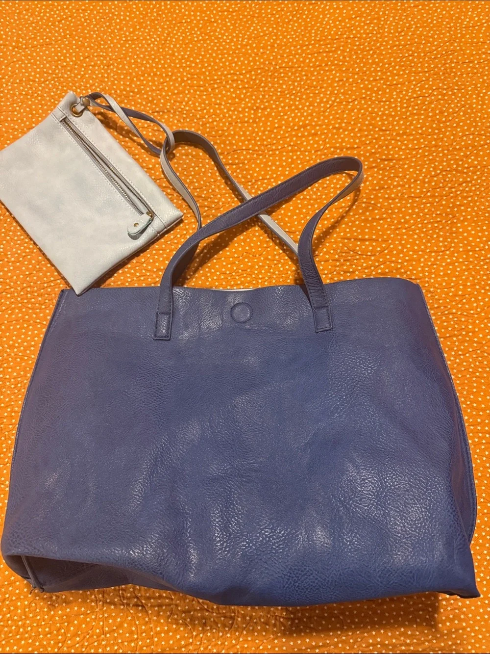 Under One Sky Blue/Light Blue Vegan Leather Reversible Tote with Matching Pouch